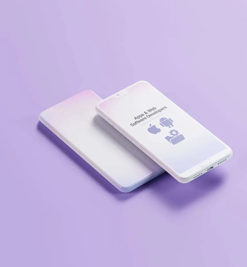 Desarrollo de apps y web en teléfonos sobre fondo violeta